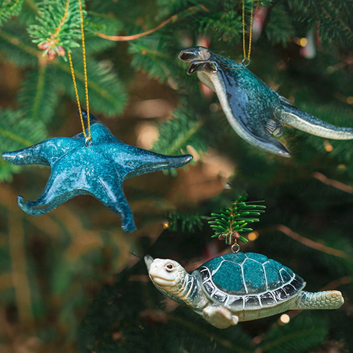 Coastal Charm Ornament Set: Blue Sea Turtle, Starfish, and Manta Ray