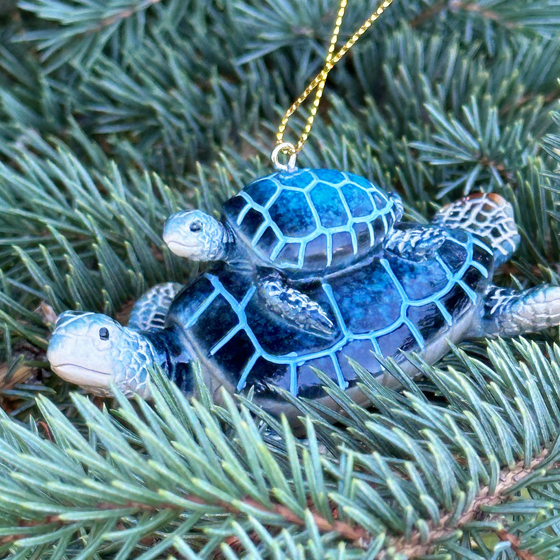 Blue Sea Turtle Ornament Mother and Child Hand-Painted Beach Themed Christmas Tree Ornaments Baby's First, Expectant Mother, or New Mom - in Nice Gift Box