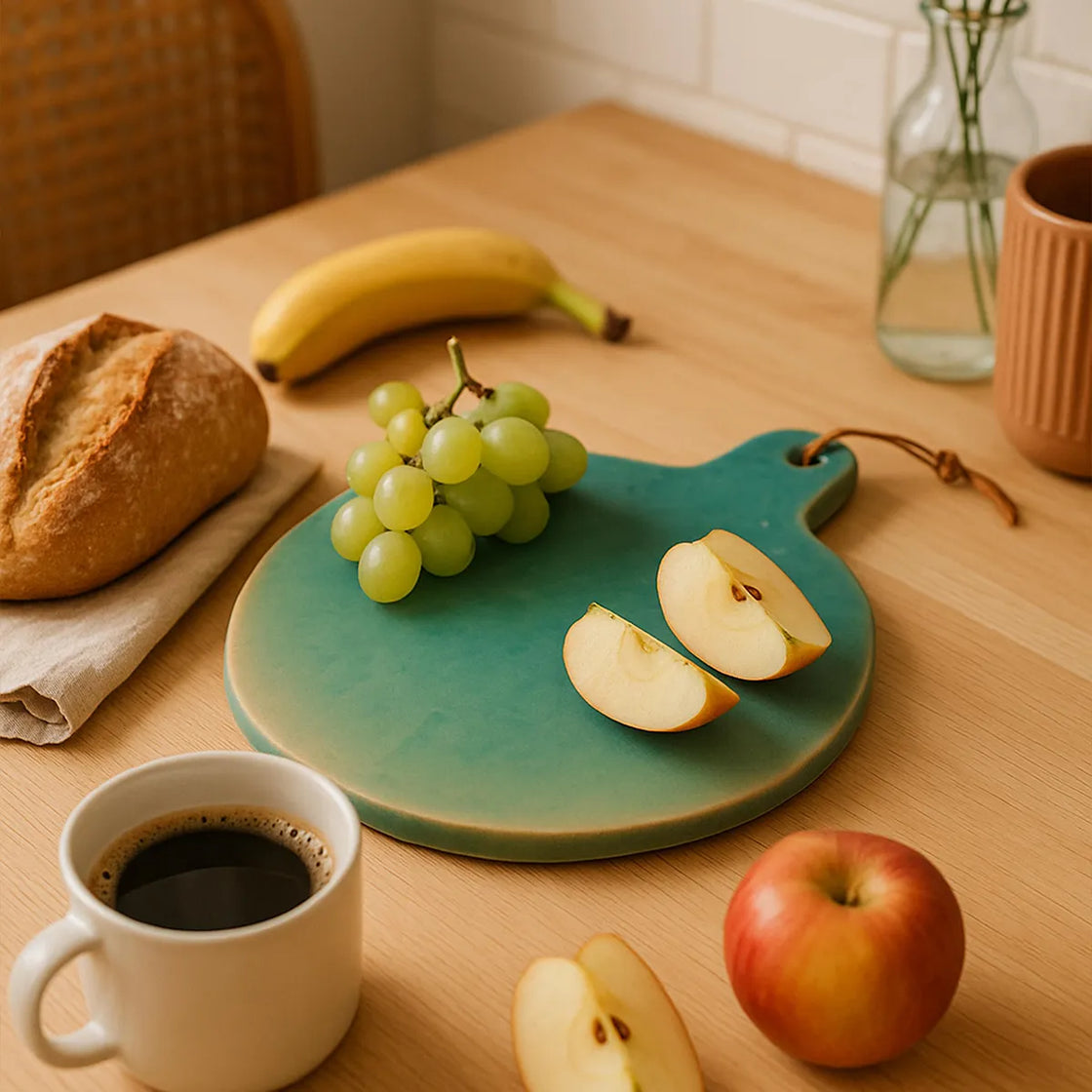 Rengöra teal ceramic cheese platter with fruit and coffee on wooden kitchen table