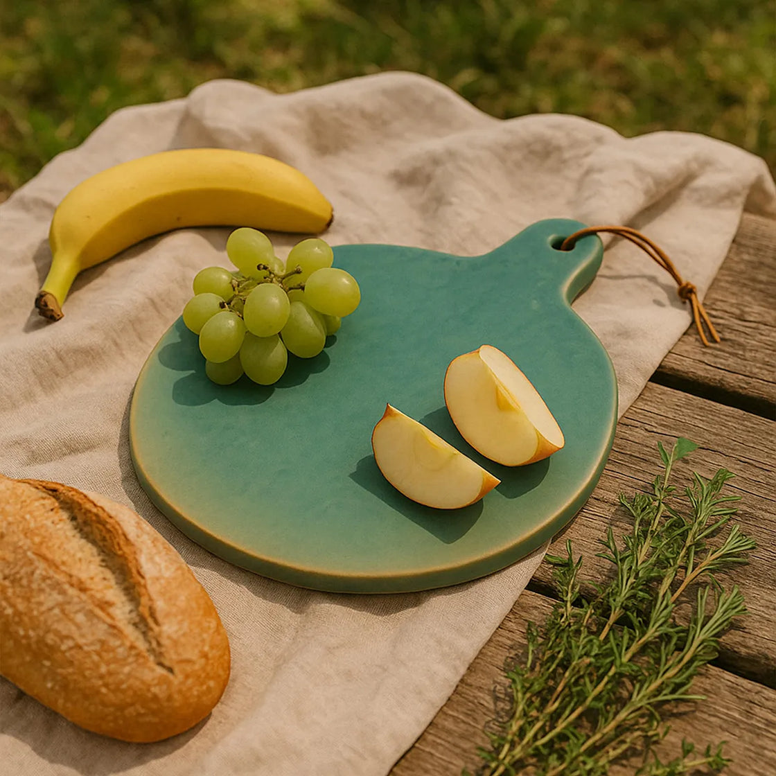 Rengöra teal ceramic cheese platter styled with fruit and cheese at summer picnic