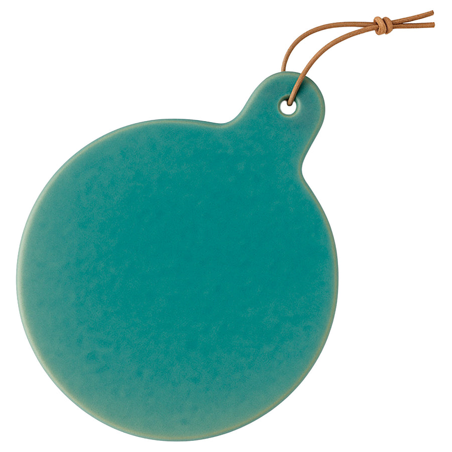 Rengöra round teal ceramic cheese platter with leather tie detail on white background