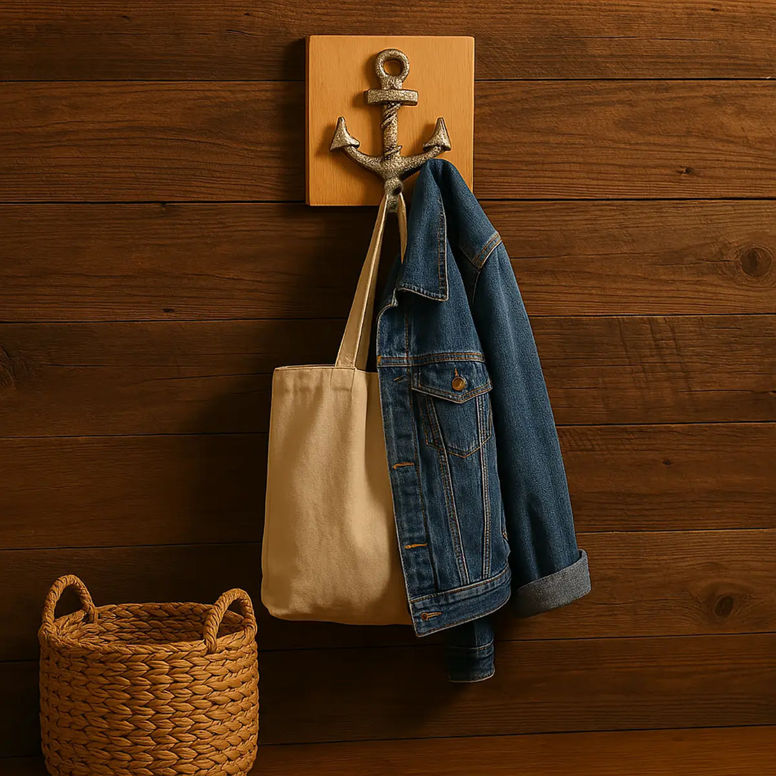 Denim jacket and beige tote bag hanging on a wooden wall hook with a woven basket below.
