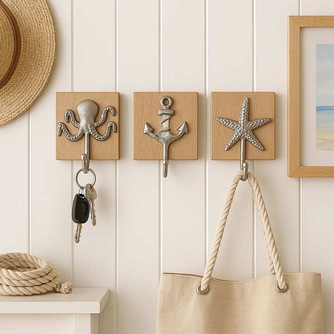 Three wall hooks with octopus, anchor, and starfish designs on a wooden panel wall.