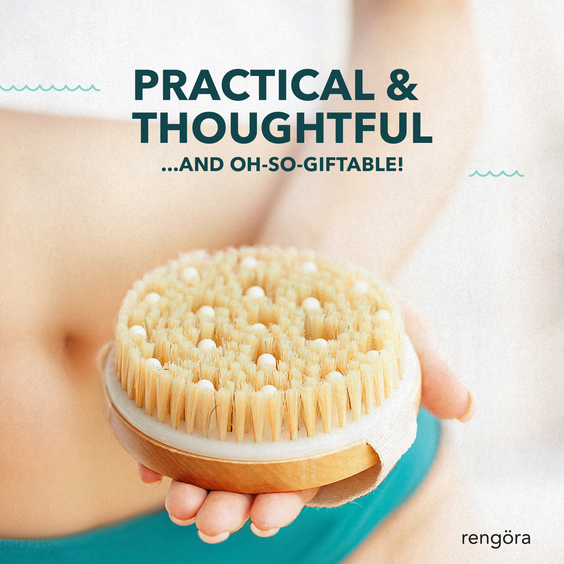 Person presenting Rengöra dry brush with natural bristles; text emphasizes it as a practical and thoughtful gift item.