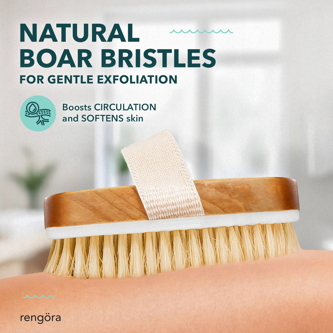 Rengöra dry brush with natural boar bristles gently brushing skin; infographic text highlights benefits of improved circulation and skin softness.
