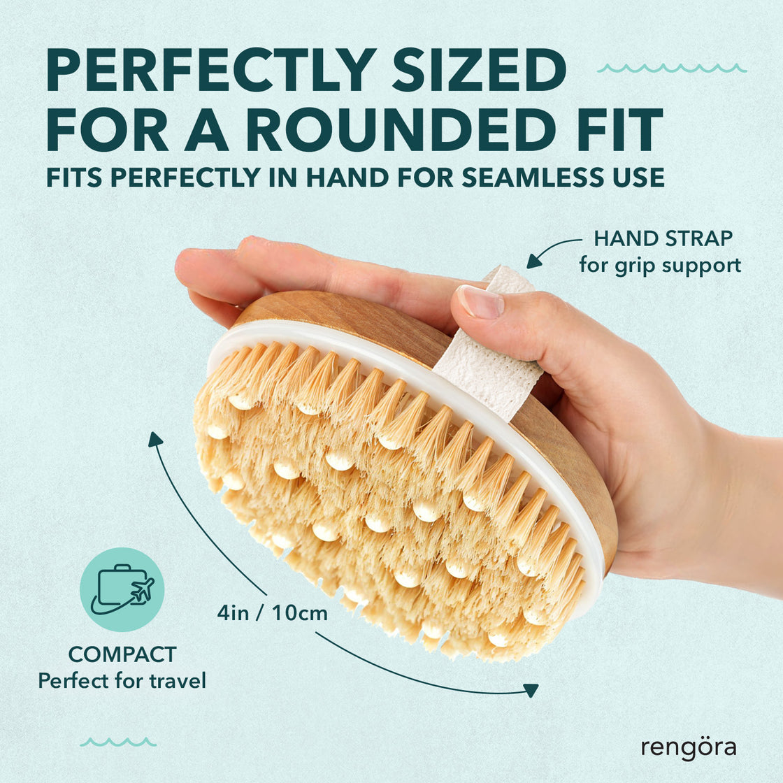 Hand holding compact Rengöra dry brush with labeled features: ergonomic hand strap and 4-inch size for easy, travel-friendly use.