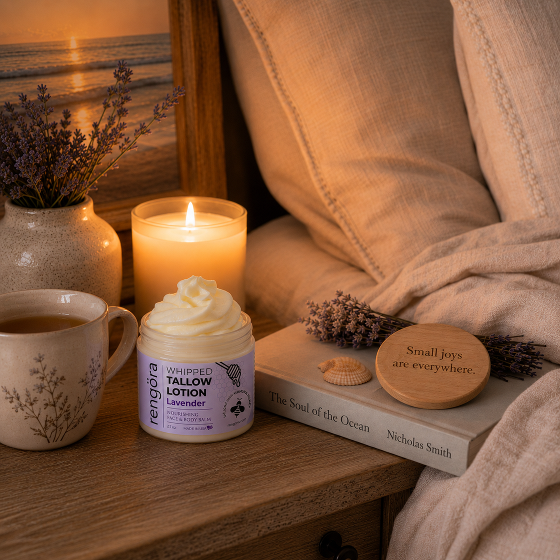 Relaxation scene with a candle, mug, lavender lotion, and book by a photo of the ocean with a sunset view.