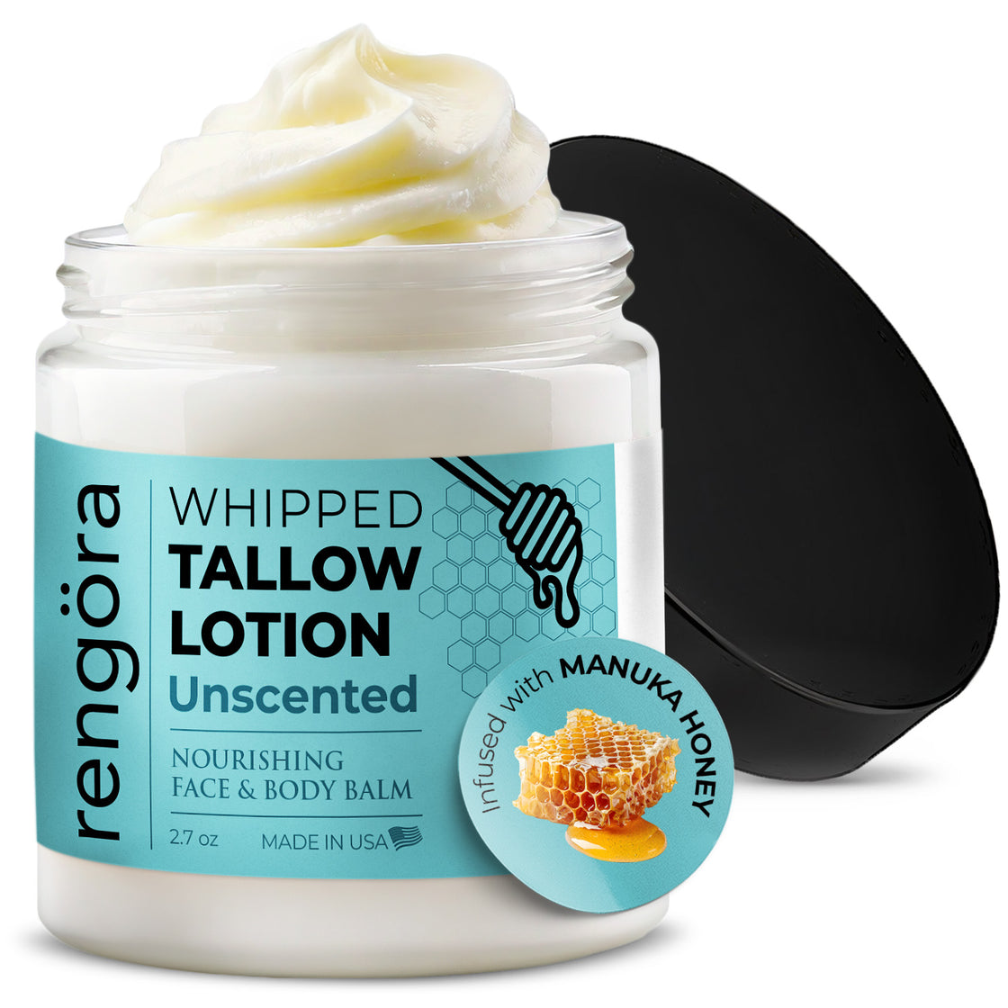 Open jar of Rengöra Whipped Tallow Lotion Unscented with creamy swirl on top, black lid tilted beside it, and a honeycomb badge showing infusion with Manuka honey.