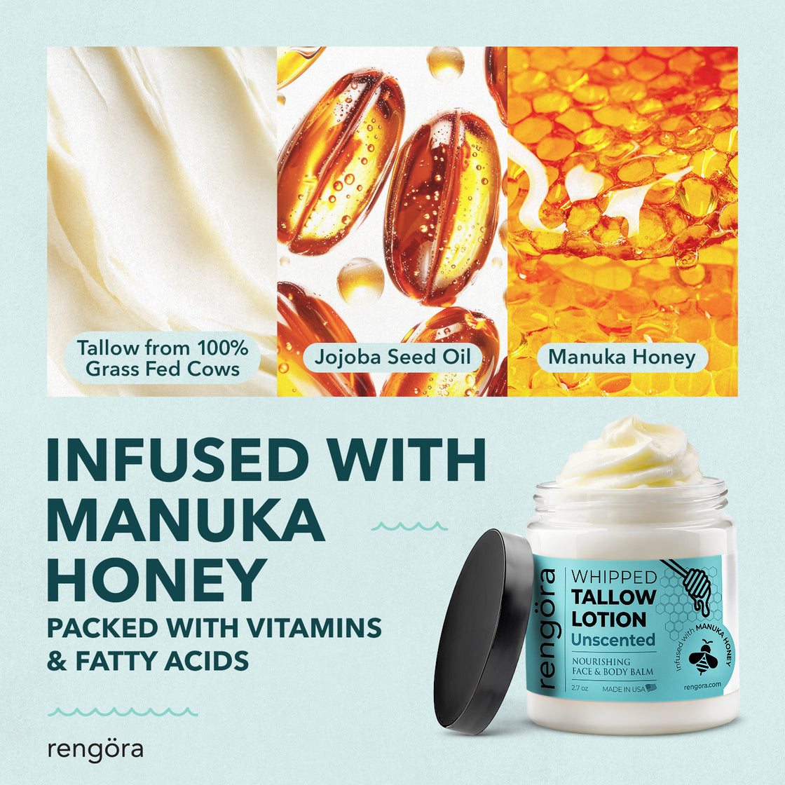 Graphic showing key ingredients of Rengöra Whipped Tallow Lotion: tallow from grass-fed cows, jojoba seed oil, and Manuka honey, with product jar and text reading "Infused with Manuka Honey – Packed with Vitamins & Fatty Acids.
