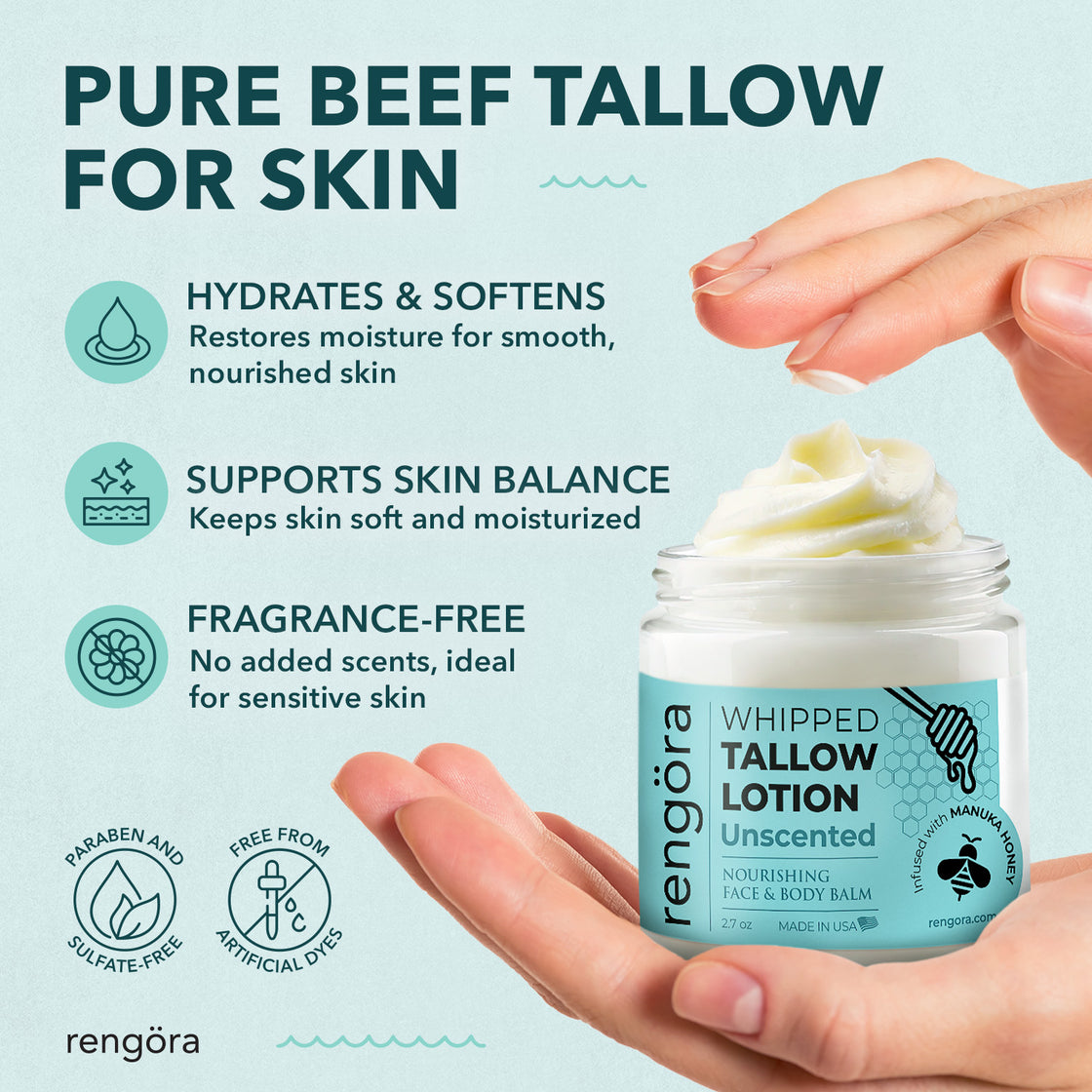 Infographic listing benefits of Rengöra Whipped Tallow Lotion including hydration, skin balance, and fragrance-free formula, alongside a hand reaching into the open product jar.