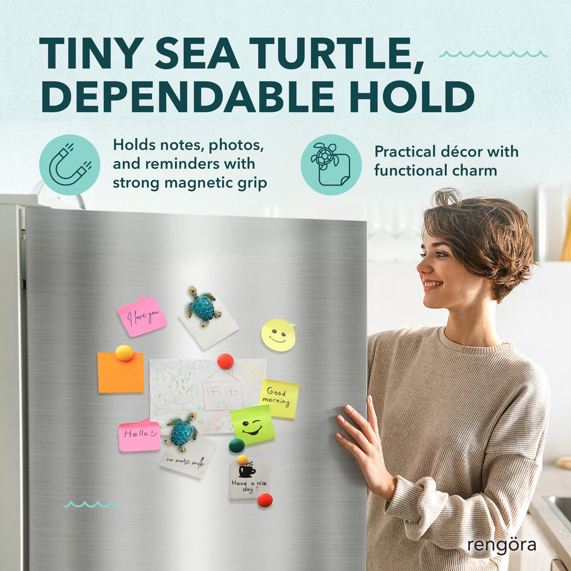 Fridge decorated with blue sea turtle magnets holding colorful notes and reminders, with a smiling woman standing next to it. Text highlights strong magnetic grip and decorative charm.