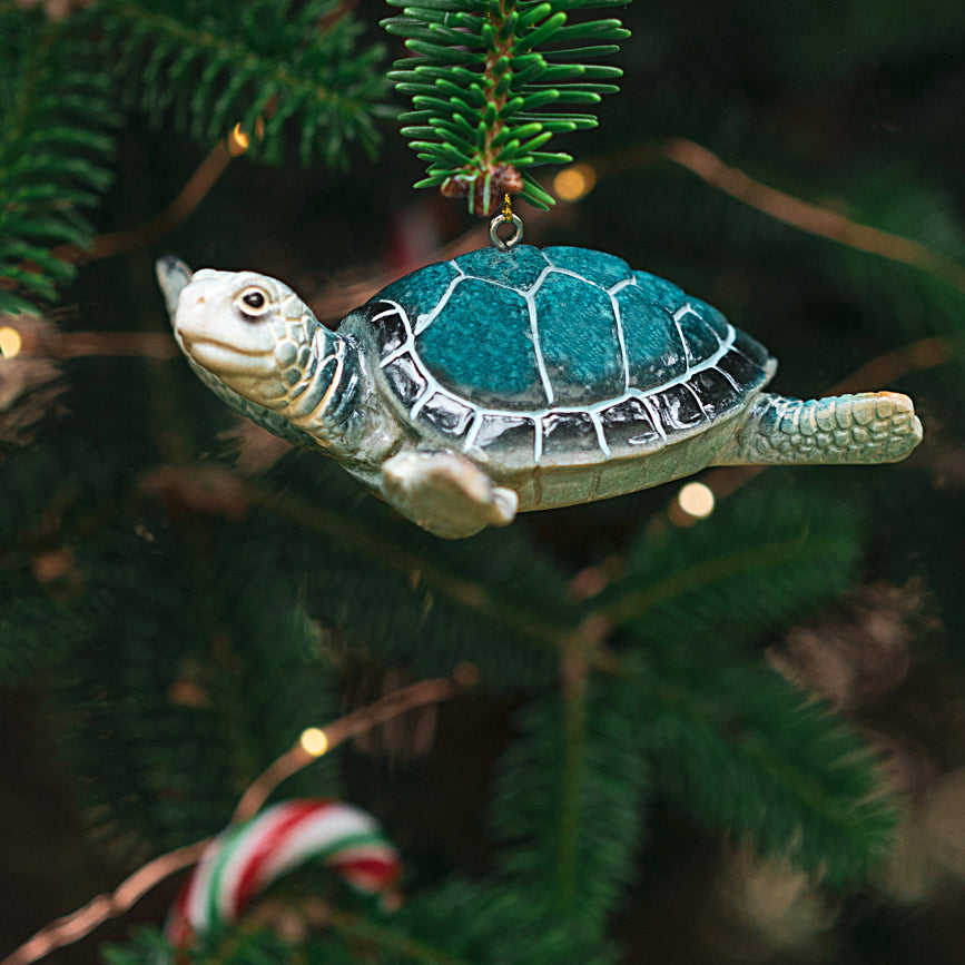 view of blue sea turtle Christmas ornament hanging on a Christmas tree with lights and candy canes