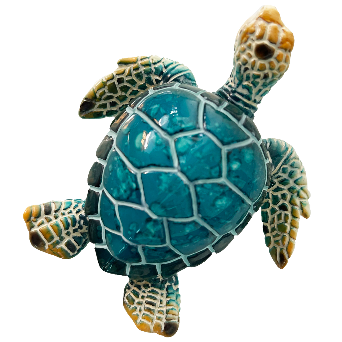 This small, decorative magnet features the likeness of a turtle, painted in a pleasing shade of deep turquoise / teal blue. Its smooth, glossy surface and well-defined turtle shape give it a delightful and eye-catching appearance by rengora