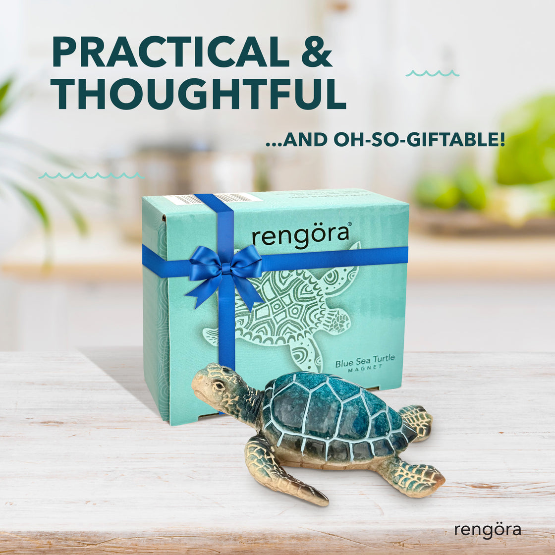 Rengöra gift box with a blue ribbon featuring a turtle design, displayed next to the realistic blue sea turtle magnet, with text stating “Practical & Thoughtful… and Oh-So-Giftable!