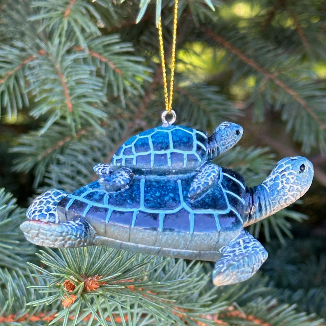 Blue Sea Turtle Ornament Mother and Child Hand-Painted Beach Themed Christmas Tree Ornaments Baby's First, Expectant Mother, or New Mom - in Nice Gift Box