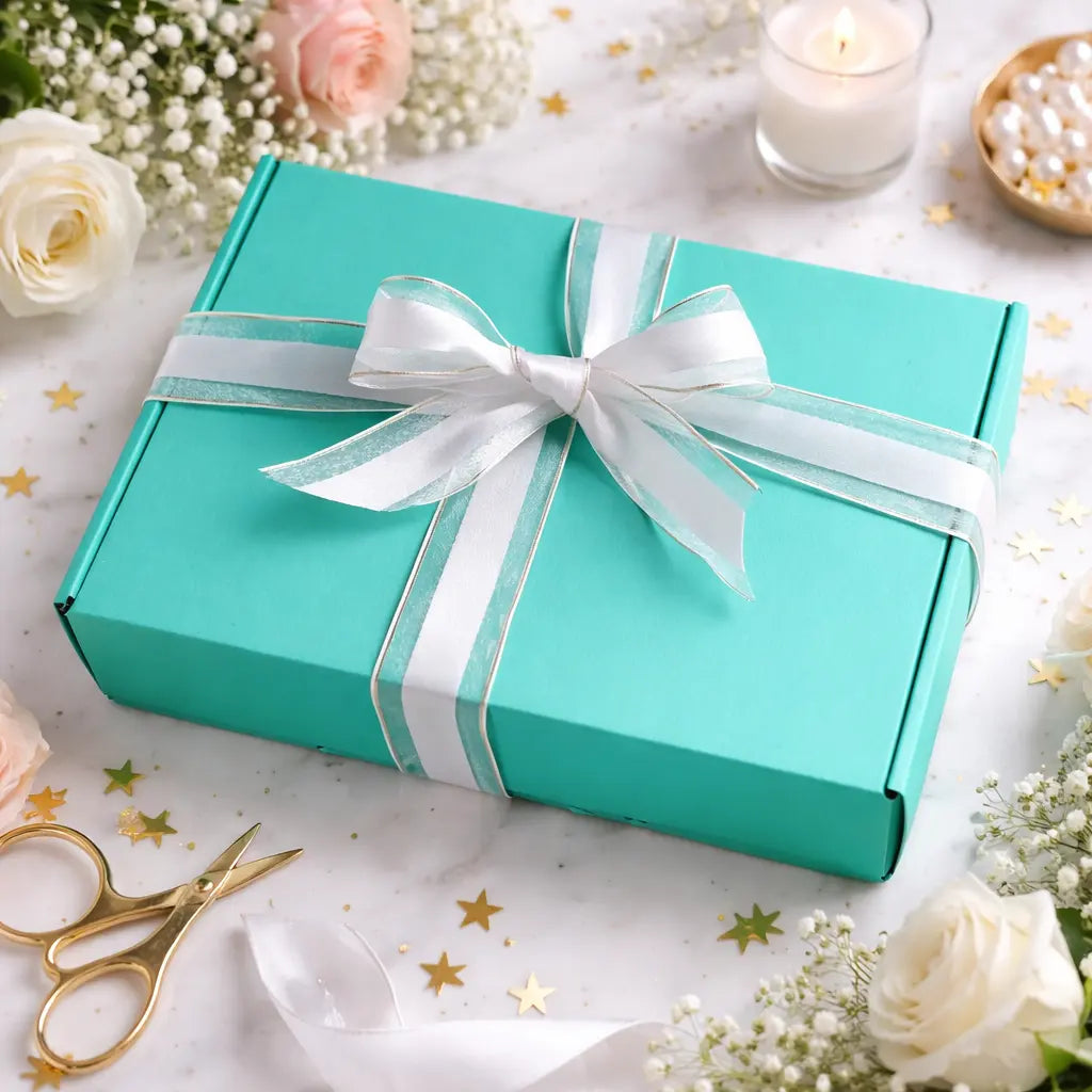 Turquoise gift box with a white ribbon on a decorative surface with flowers and candles.