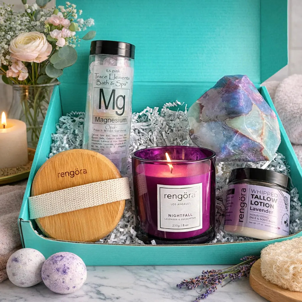Gift set with a purple candle and other items on a marble surface.