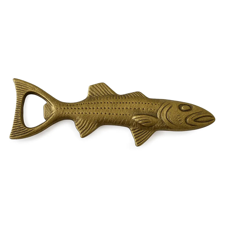 Rengöra brass salmon bottle opener with antique finish on white background