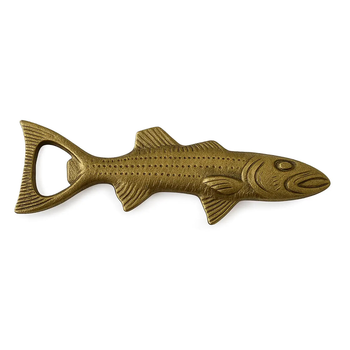 Rengöra brass salmon bottle opener with antique finish on white background