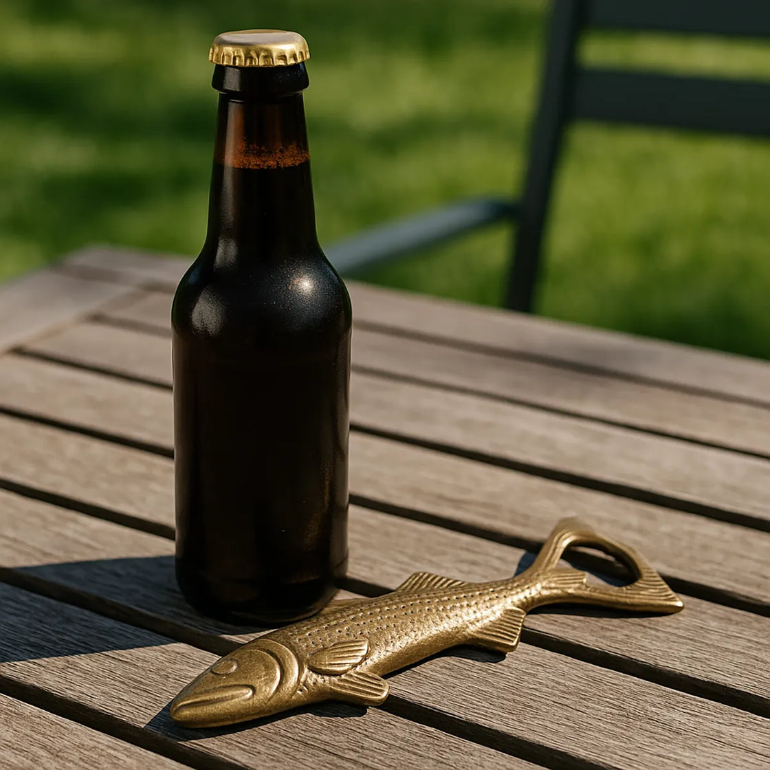 Rengöra brass fish-shaped bottle opener next to dark glass beer bottle on patio table