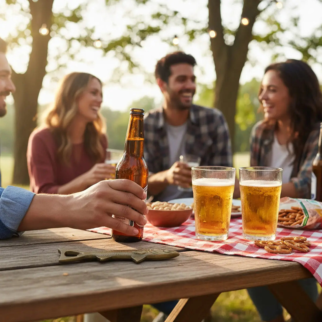 People enjoying a casual outdoor gathering with beer and snacks on a wooden table.