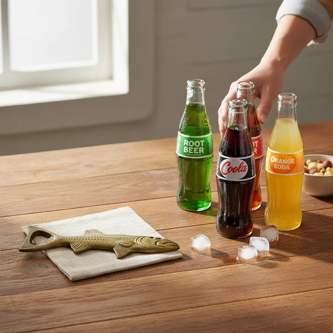 Three bottles of root beer, Cola, and orange soda on a wooden table with a hand reaching for one of the bottles, bottle opened on the table next to the bottles. 