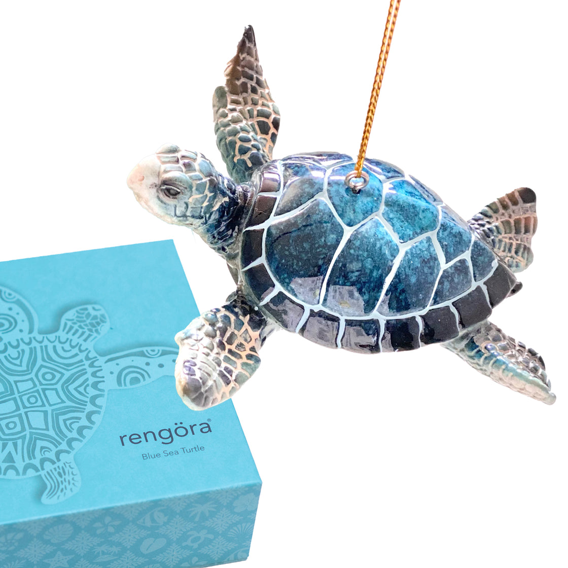 blue sea turtle Christmas ornament shown with its customized blue box by rengöra