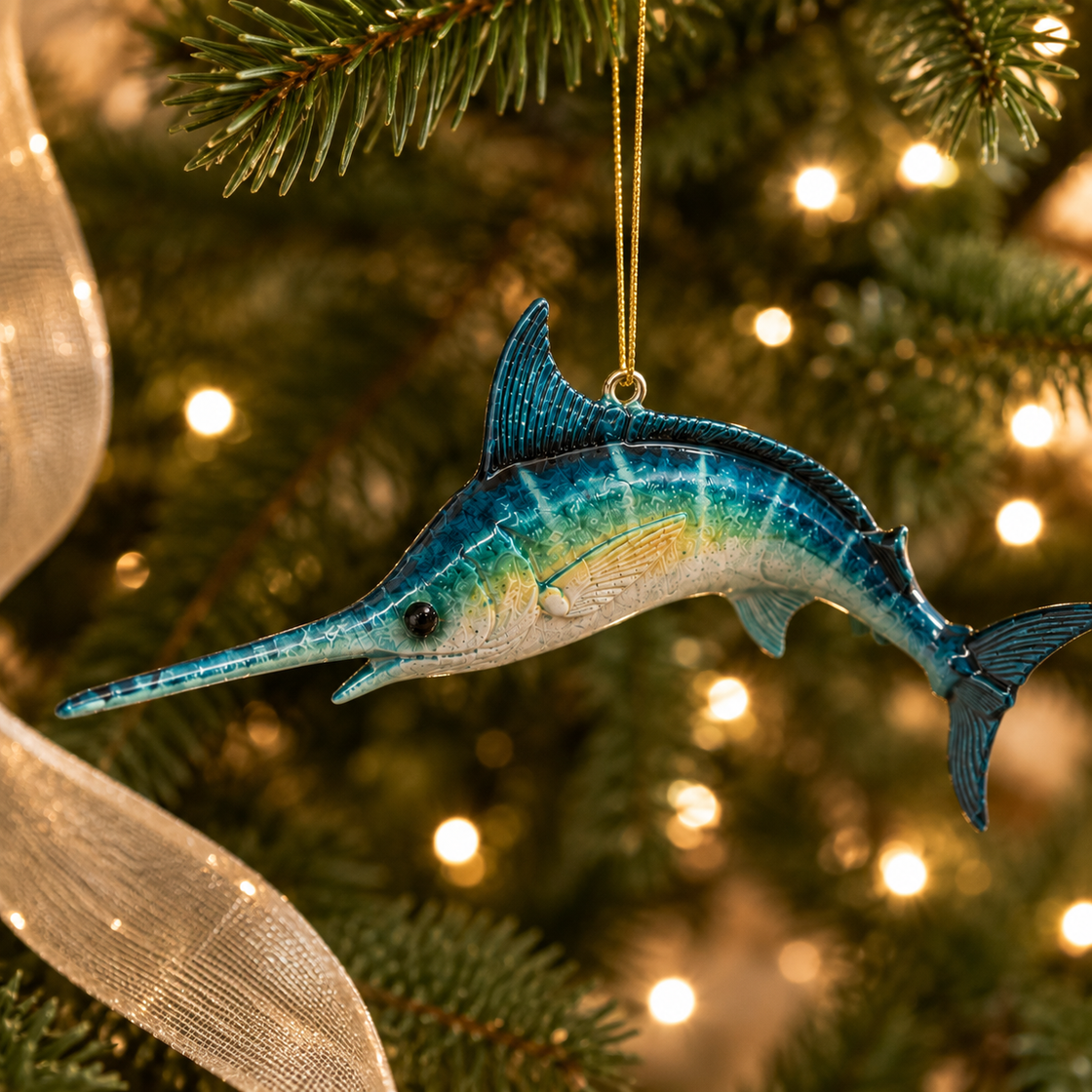 Colorful swordfish ornament hanging on a Christmas tree with lights in the background