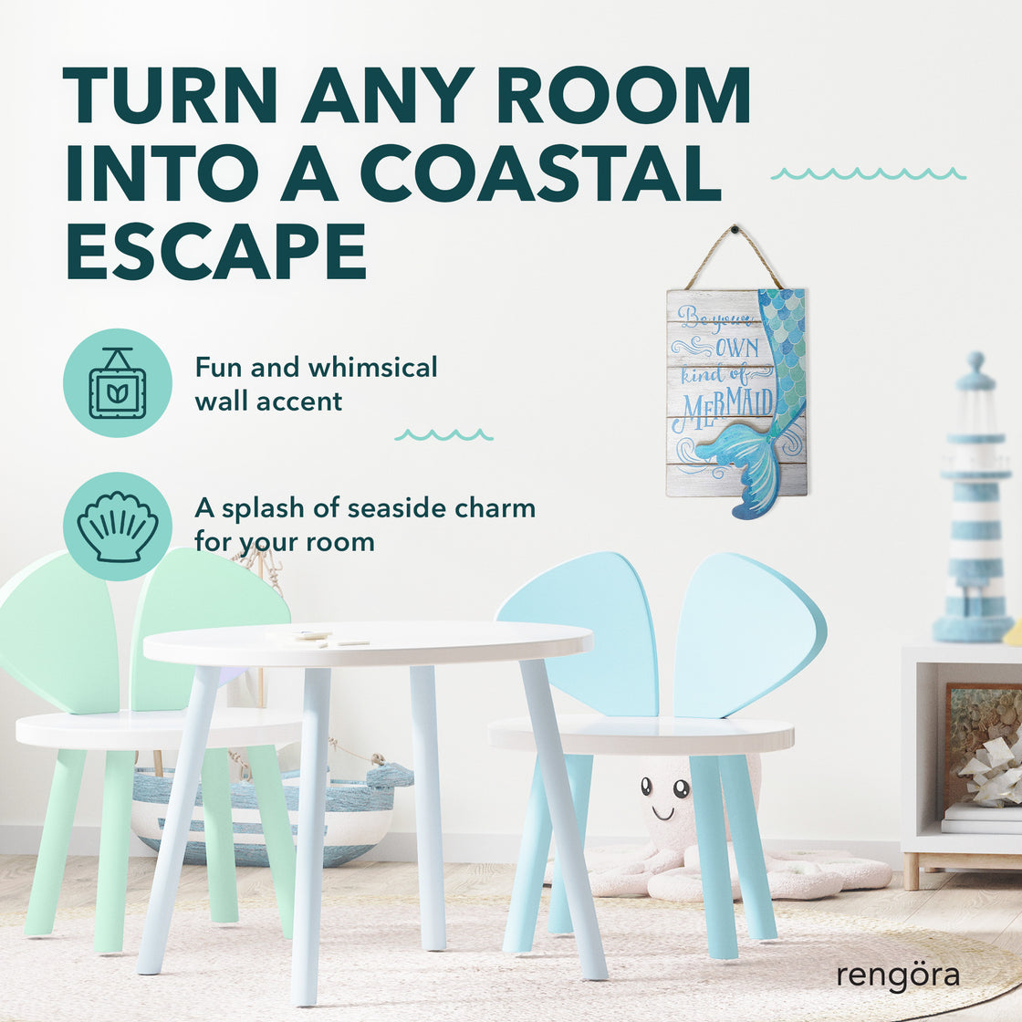 Mermaid Wall Art – Coastal Nautical Wooden Sign with Jute Rope