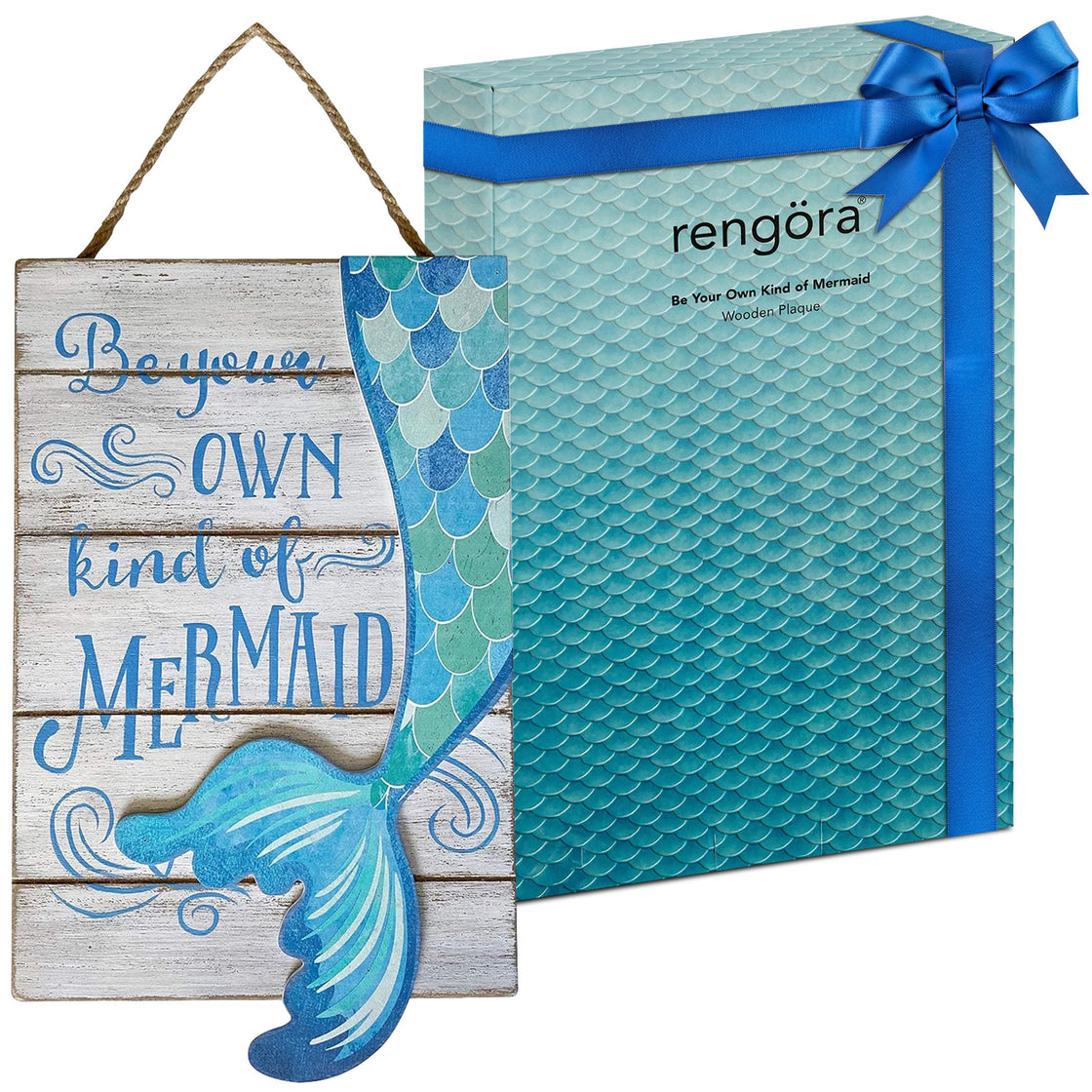 Full view of the wooden mermaid plaque with jute rope alongside its ocean-textured gift box and blue ribbon, showing the full product and packaging together.
