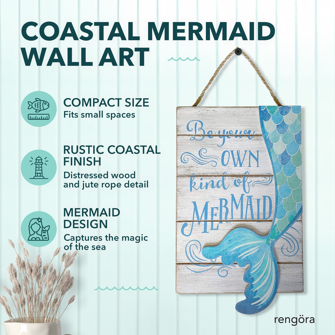 Mermaid plaque hung on light paneling with icons and text highlighting compact size, rustic coastal finish, and magical mermaid design—titled “Coastal Mermaid Wall Art.