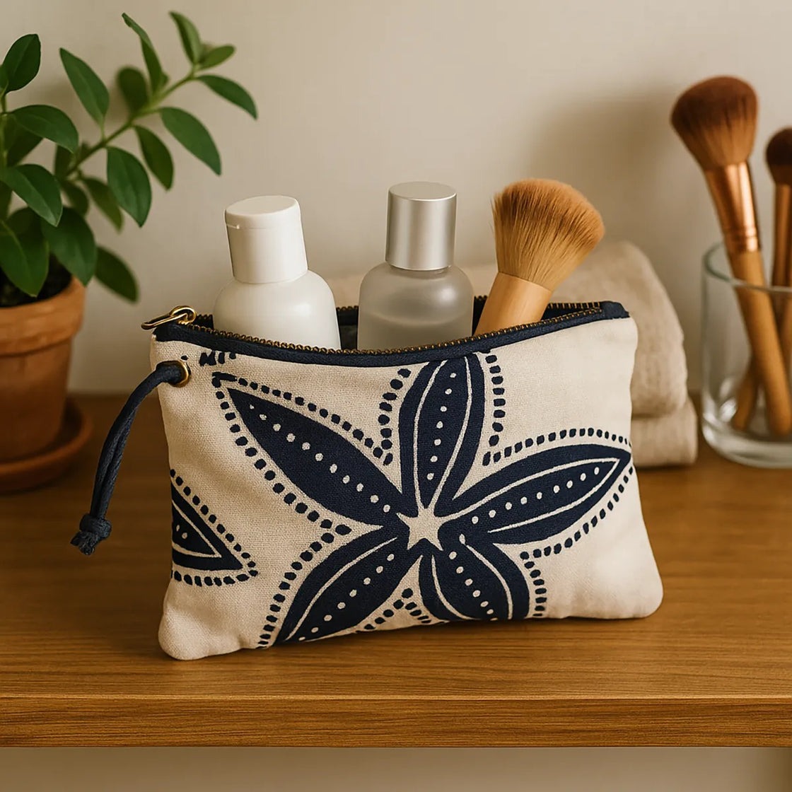 Rengöra canvas cosmetic bag with navy starfish design holding makeup brushes and skincare bottles