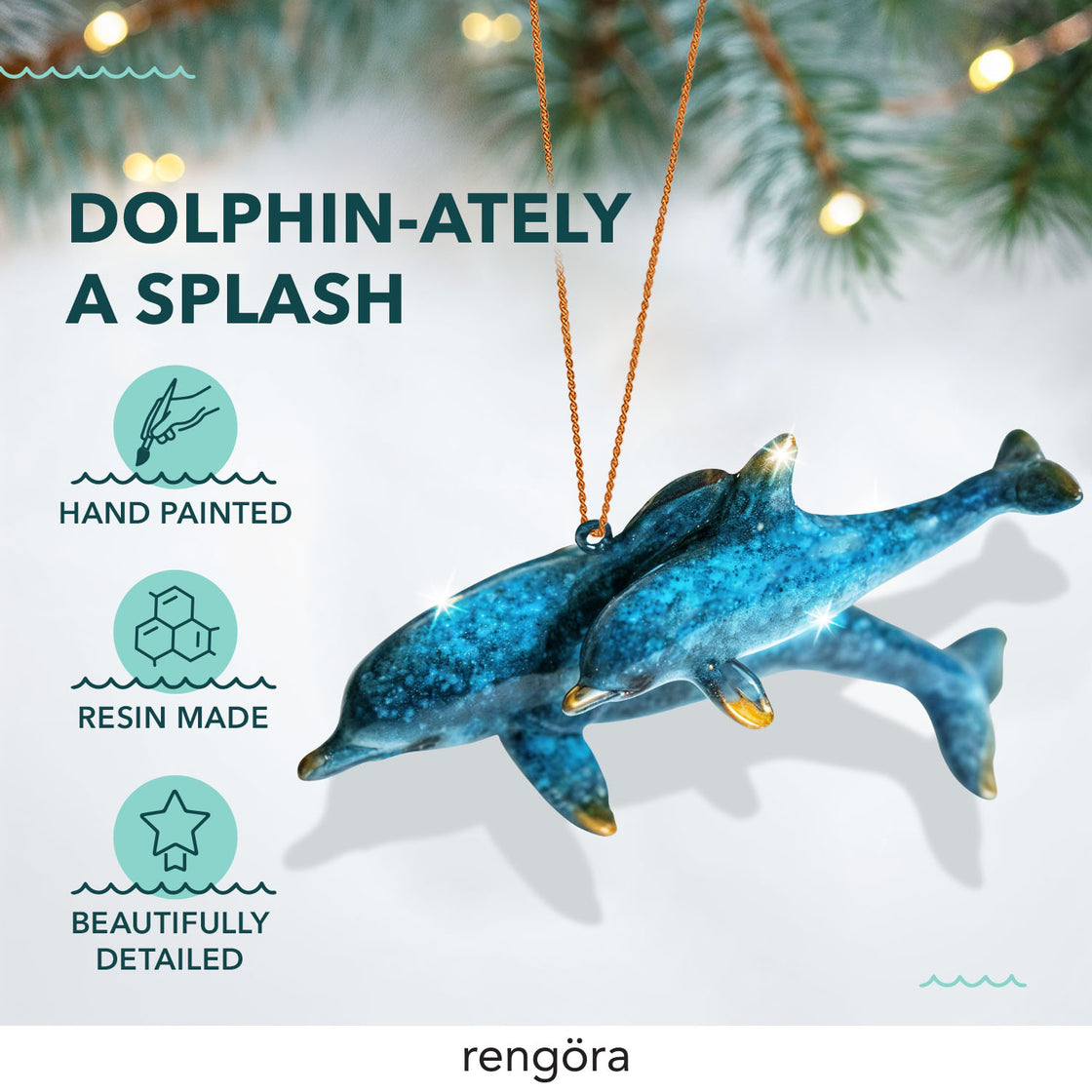 Hand Painted Blue Dolphin Ornament - Coastal Ornament & Rearview Mirror Pendant