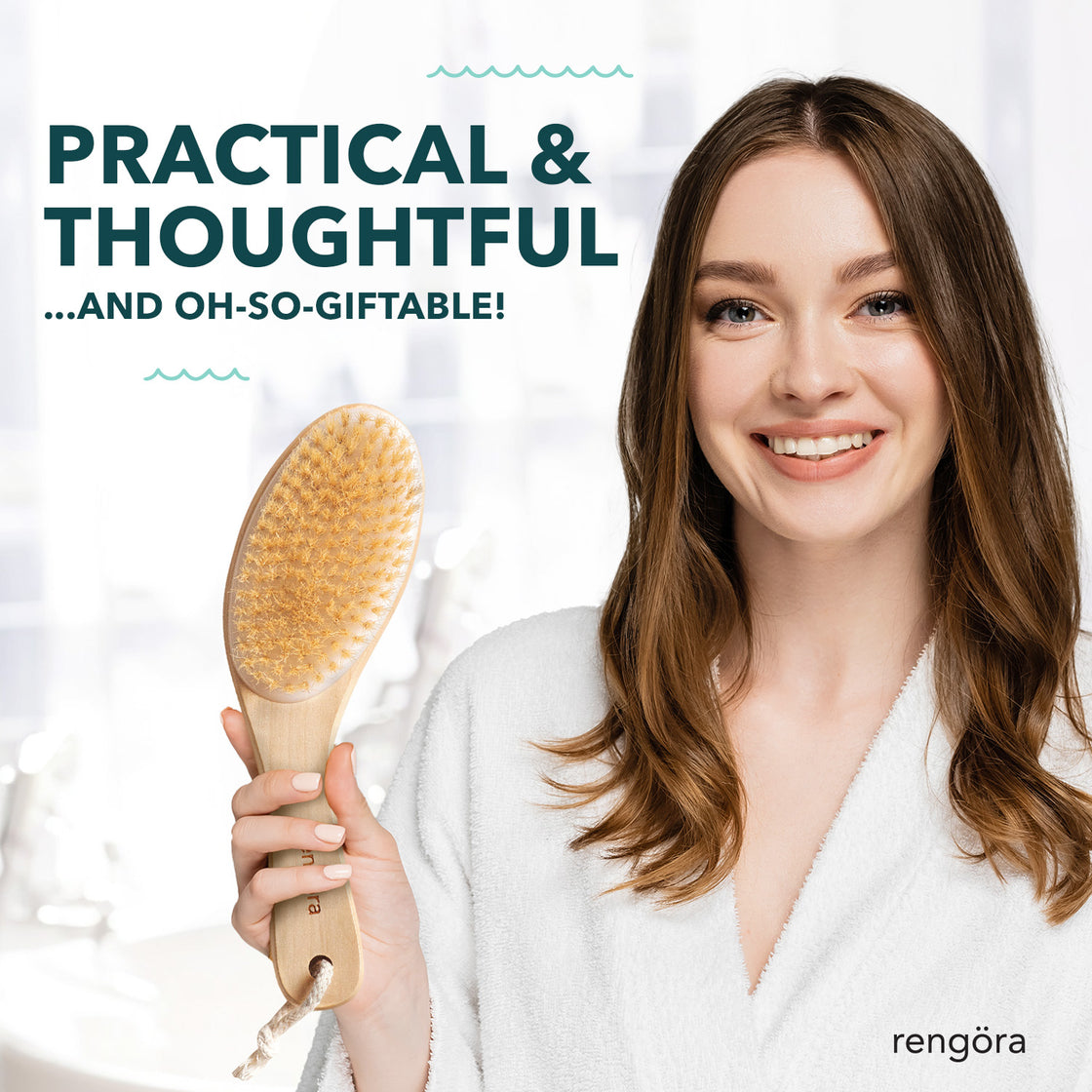 Happy woman in white robe presenting Rengöra long-handle dry brush; promotional message emphasizes it as a thoughtful and giftable self-care item.