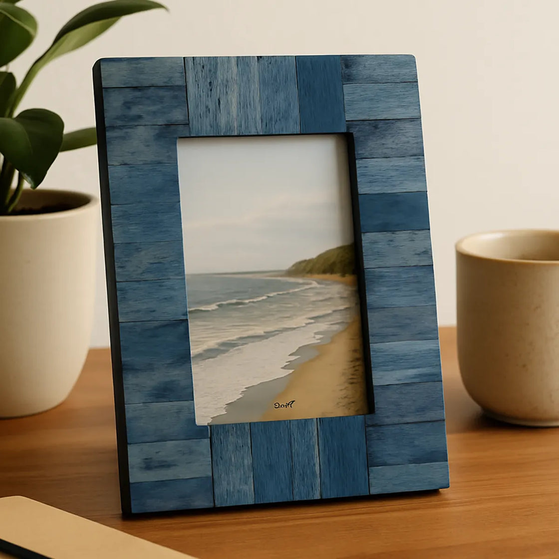 Rengöra ocean blue wooden photo frame with coastal design on desk with coffee cup