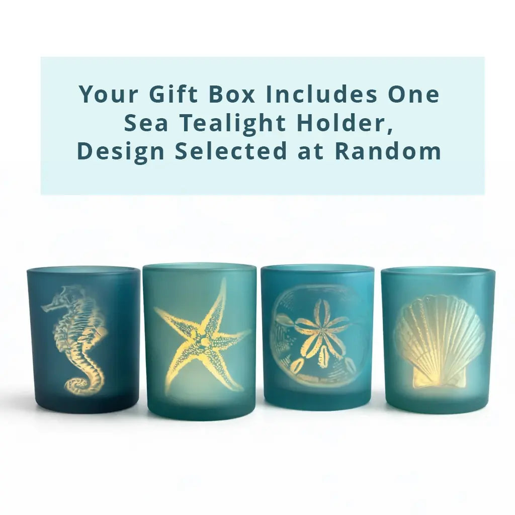 Four teal sea-themed tealight holders with seahorse, starfish, sand dollar, and shell designs on a white background.