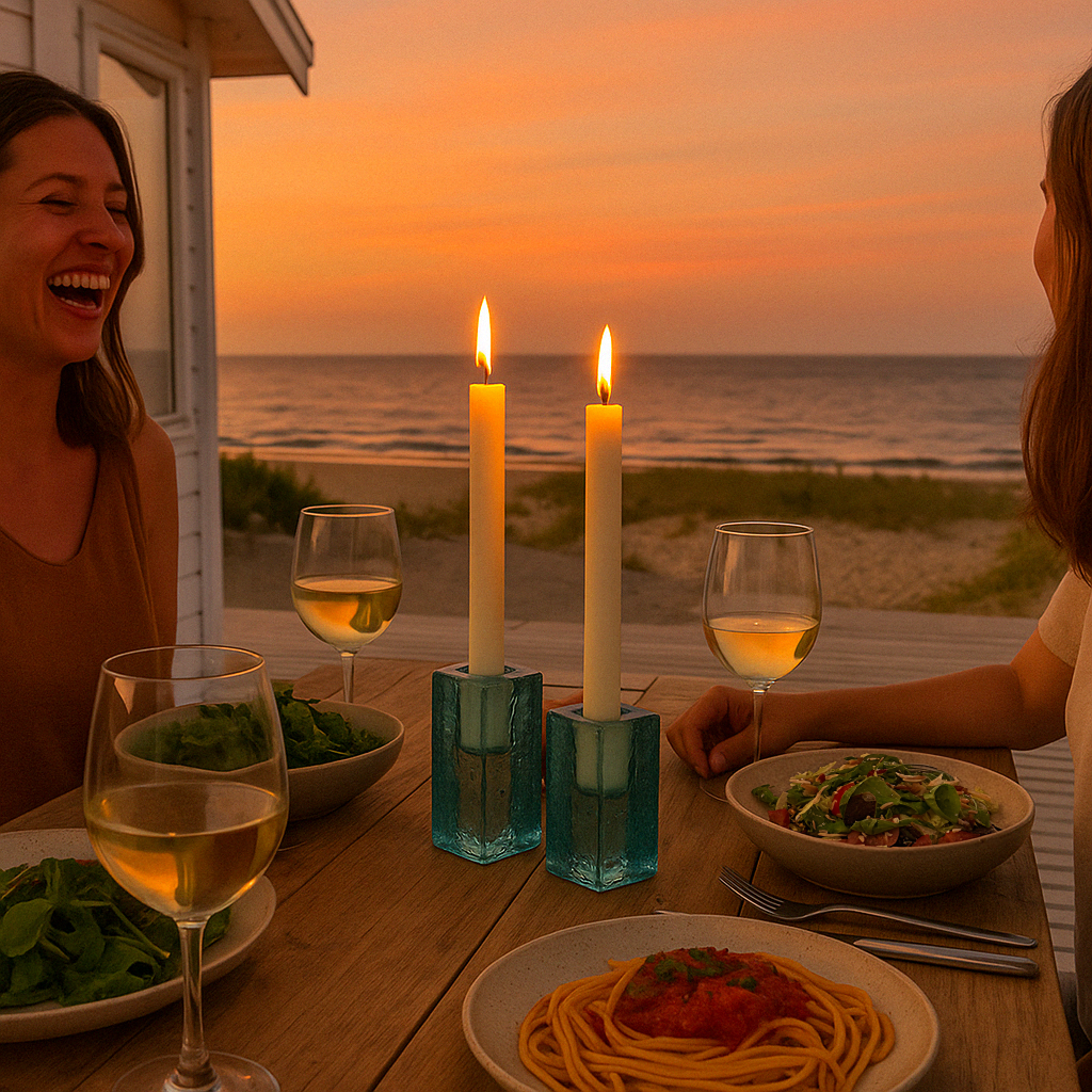 Two women enjoying an outdoor sunset dinner by the beach with turquoise glass taper candle holders as the table centerpiece.