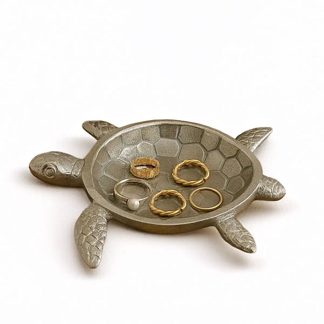 Silver Turtle Jewelry Dish – Decorative Trinket Tray for Rings, Keys & Coins – Coastal-Inspired Metal Catchall Bowl