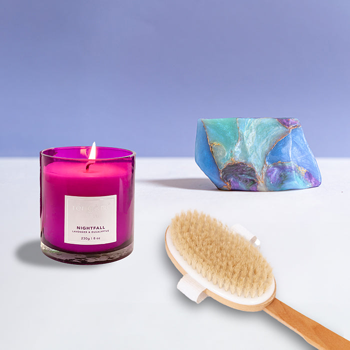 The Perfect Gift for Her: Lavender + Eucalyptus Scented Candle, Opal SoapRock, + Body Brush