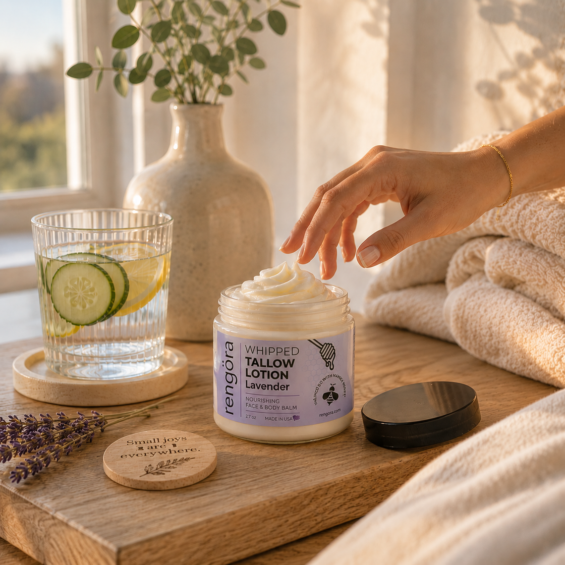 Person reaching for a jar of lavender tallow balm on a wooden surface with a glass of water and lavender flowers.