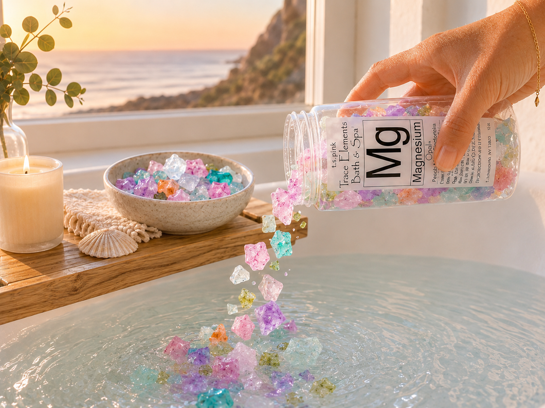 Hand pouring colorful bath salts into a bathtub with a scenic ocean view in the background