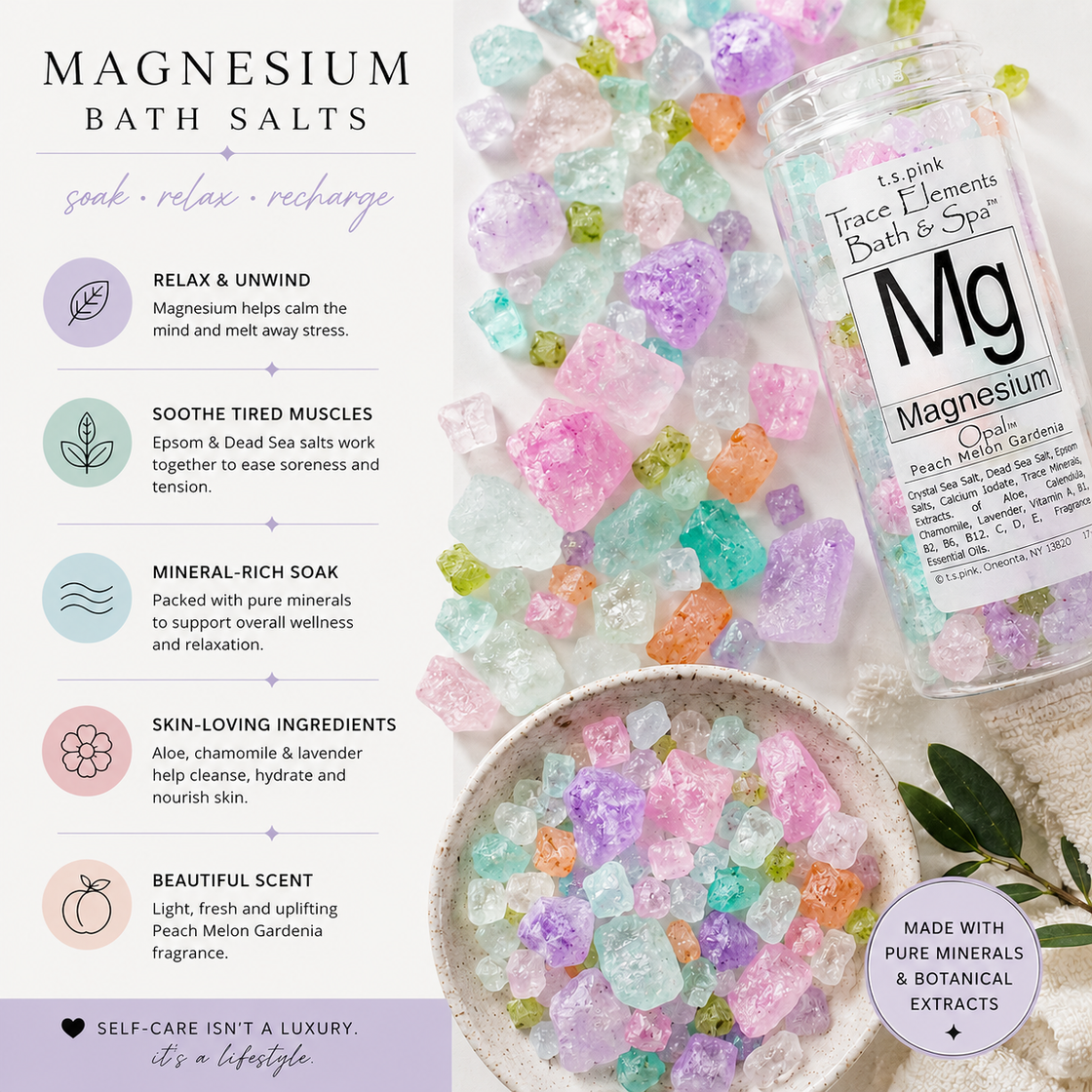 Magnesium bath salts with a bottle labeled 'Mg' and text about benefits and ingredients.