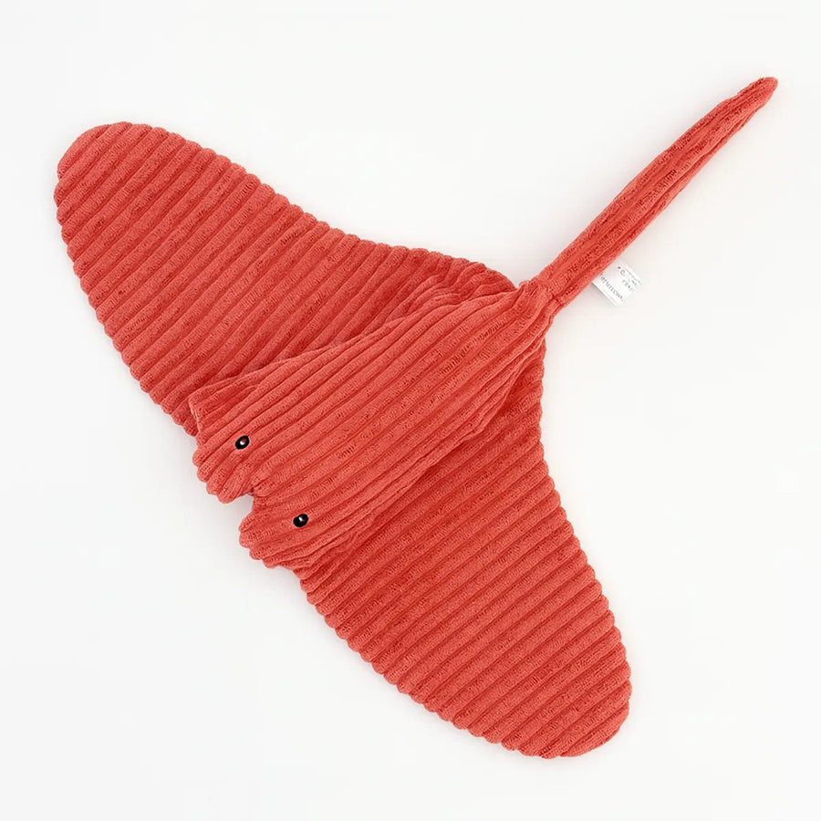 Rengöra coral corduroy manta ray soft toy displayed on white background