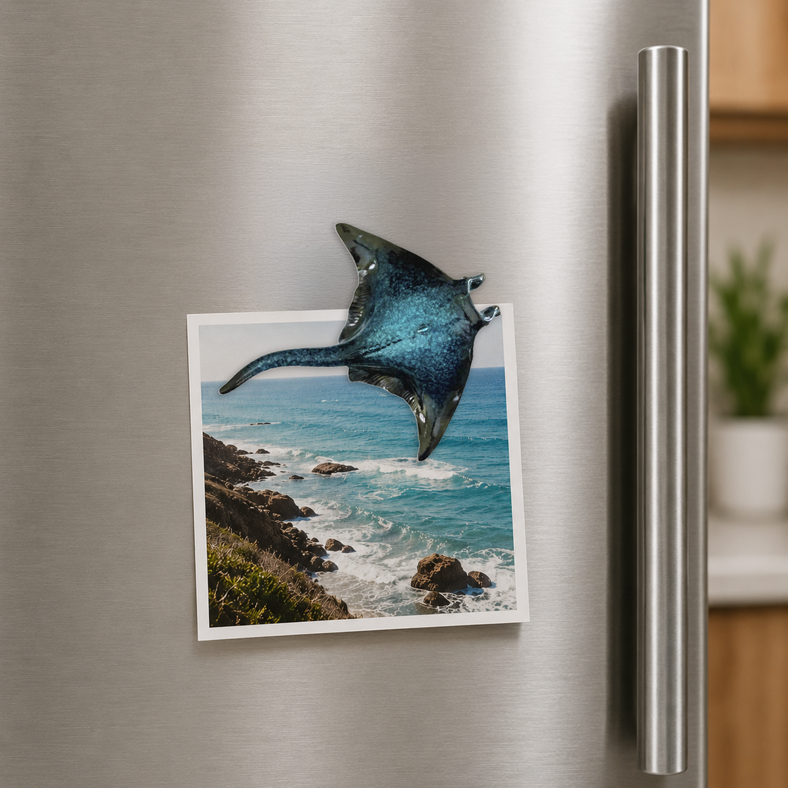 Fridge magnet of a manta ray holding a square photo of a rocky coastline with ocean.