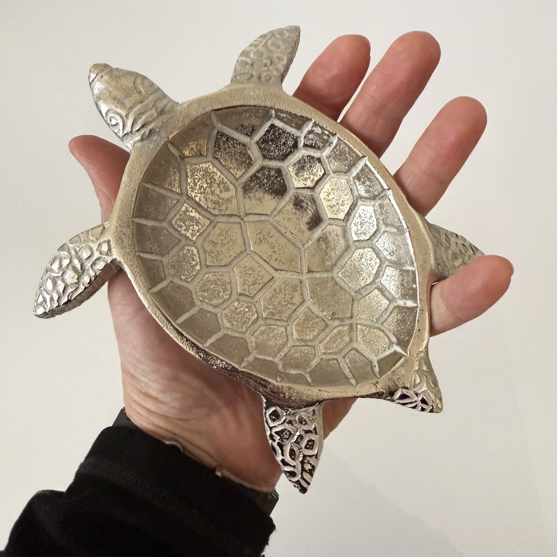 metal sea turtle trinket dish shown being held to give the approximate size of the dish.
