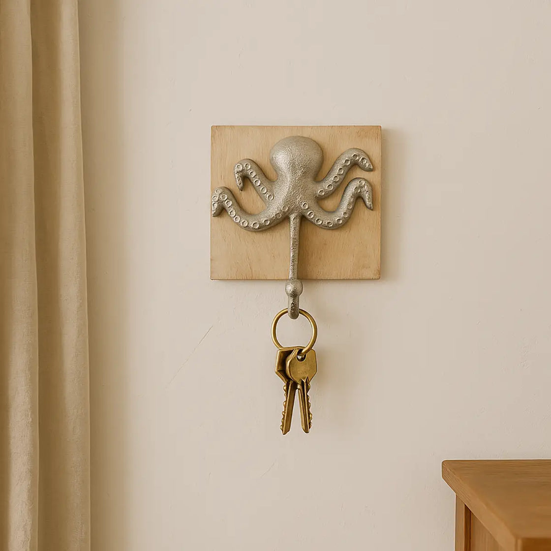Single octopus wall hook holding a set of keys in a neutral-toned room.