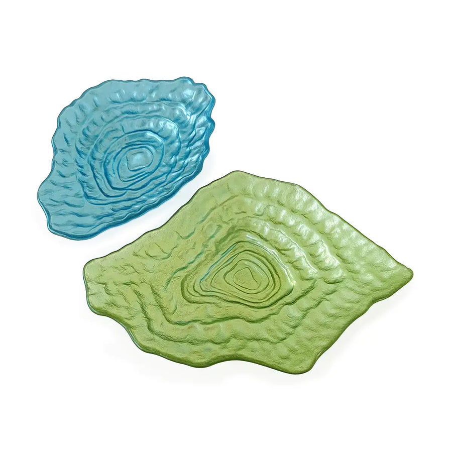 Oyster Glass Serving Dish Set – Blue & Green Rippled Glass Bowls for Snacks, Decor & Coastal Living – Set of 2 Ocean-Inspired Trays
