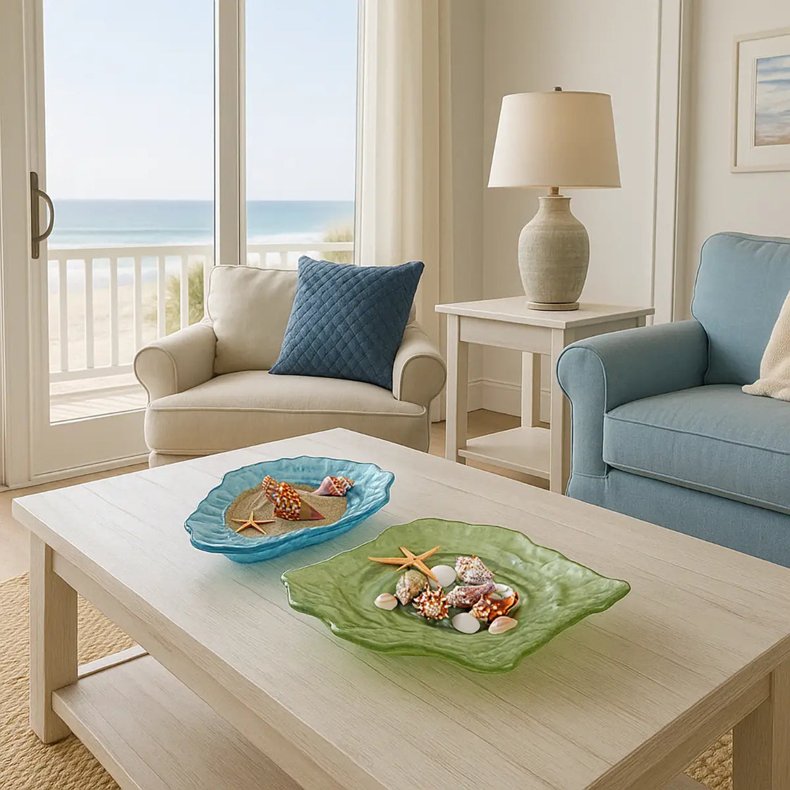 Two oyster-shaped glass serving dishes in blue and green displayed on a coastal-style coffee table in a beachside living room.