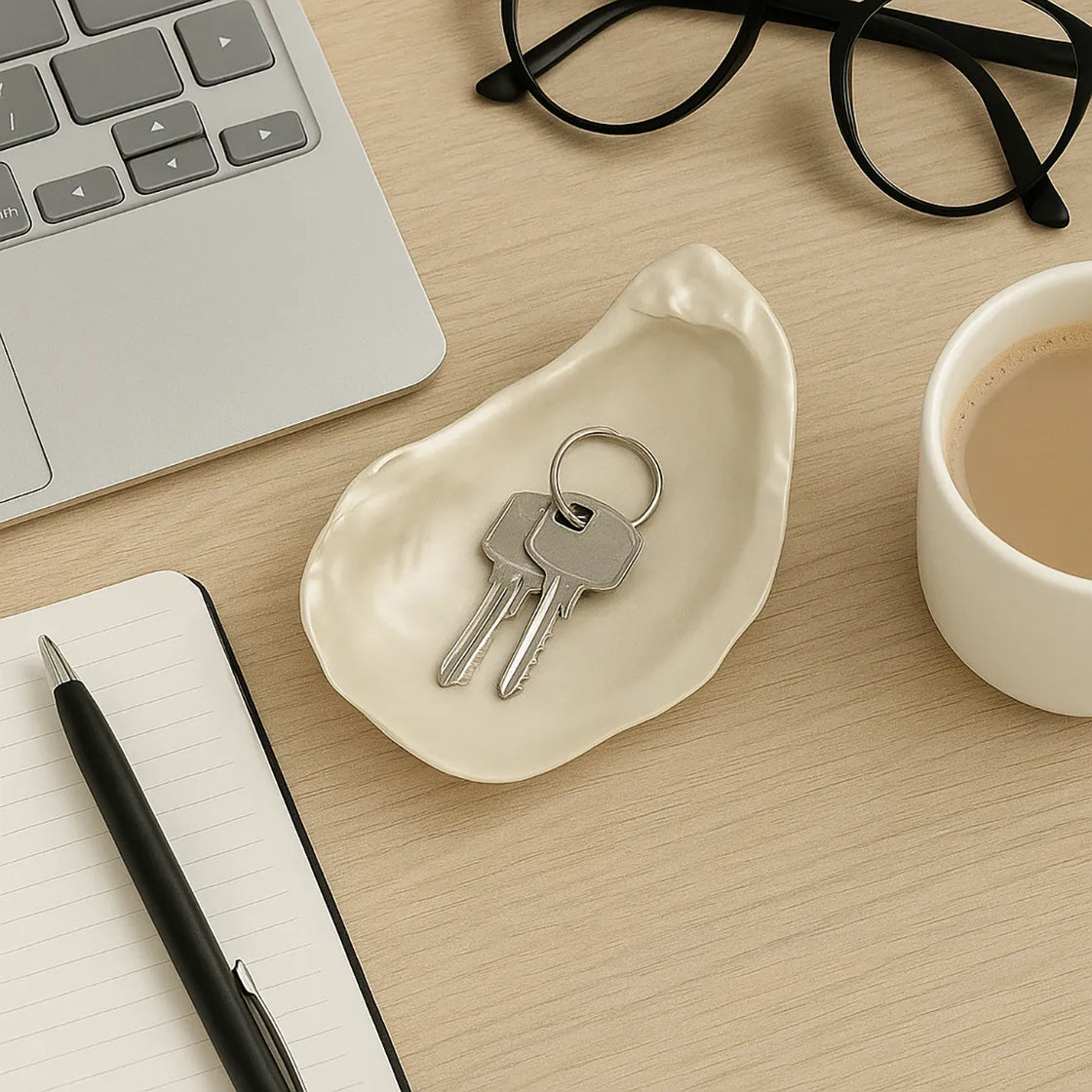 Rengöra ceramic oyster shell dish used as key holder on wooden desk
