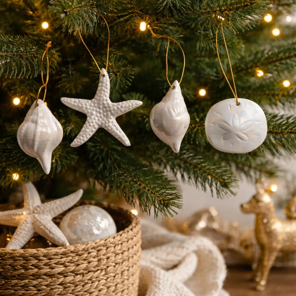Decorative Christmas ornaments on a tree with starfish and shell designs.